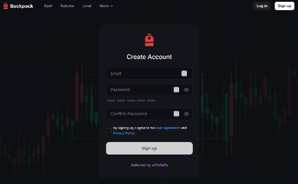 Schermata di benvenuto Backpack Exchange con campo codice referral