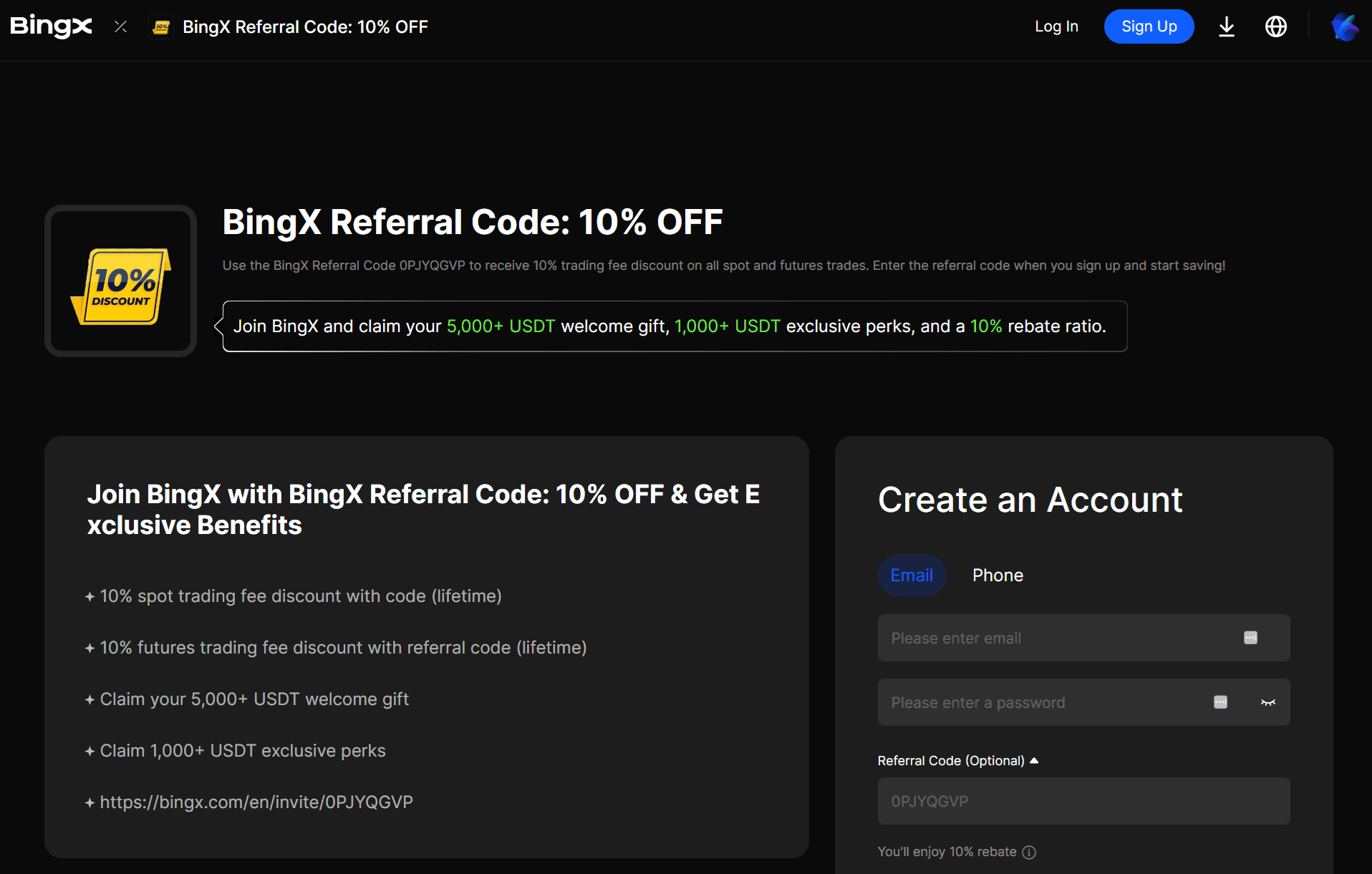 Bonus di benvenuto BingX con codice referral inserito