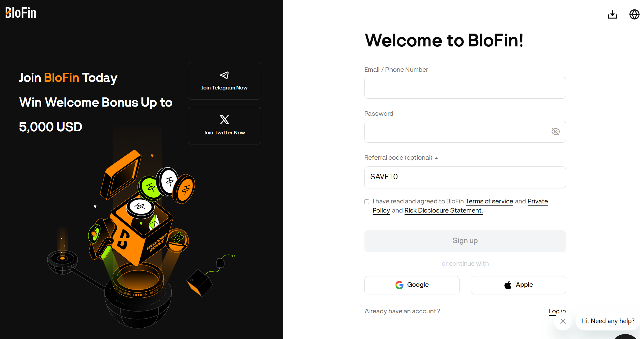 Codice referral BloFin inserito