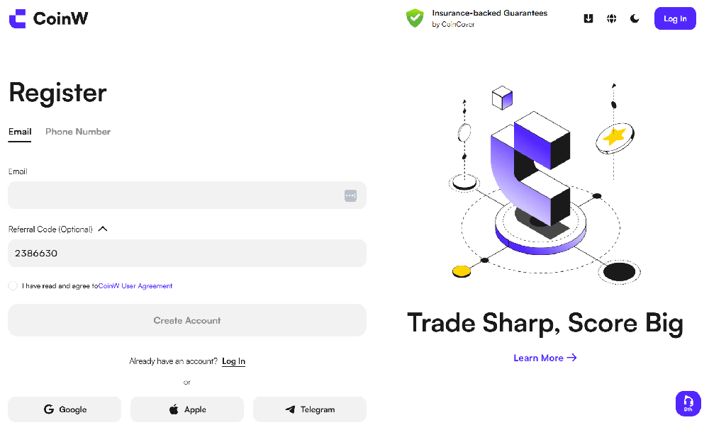 Campo inserimento codice referral CoinW durante la registrazione