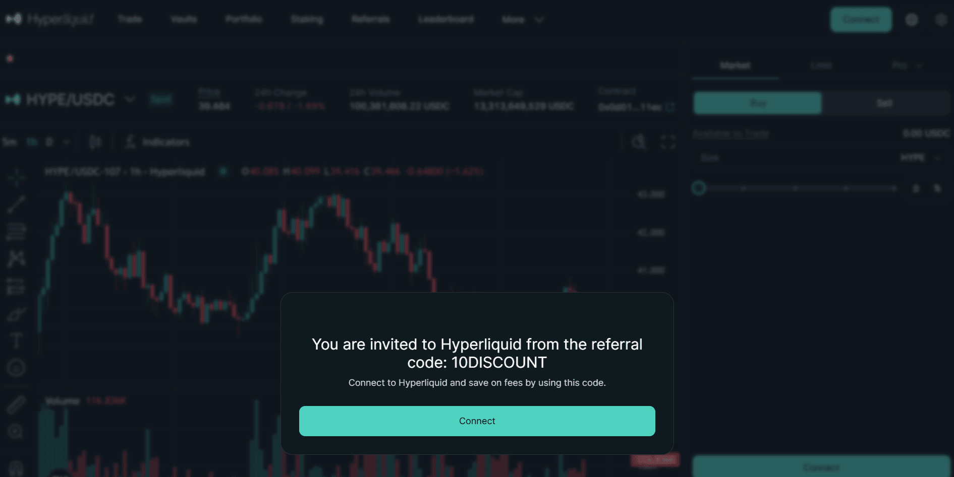 Codice referral Hyperliquid inserito nella piattaforma