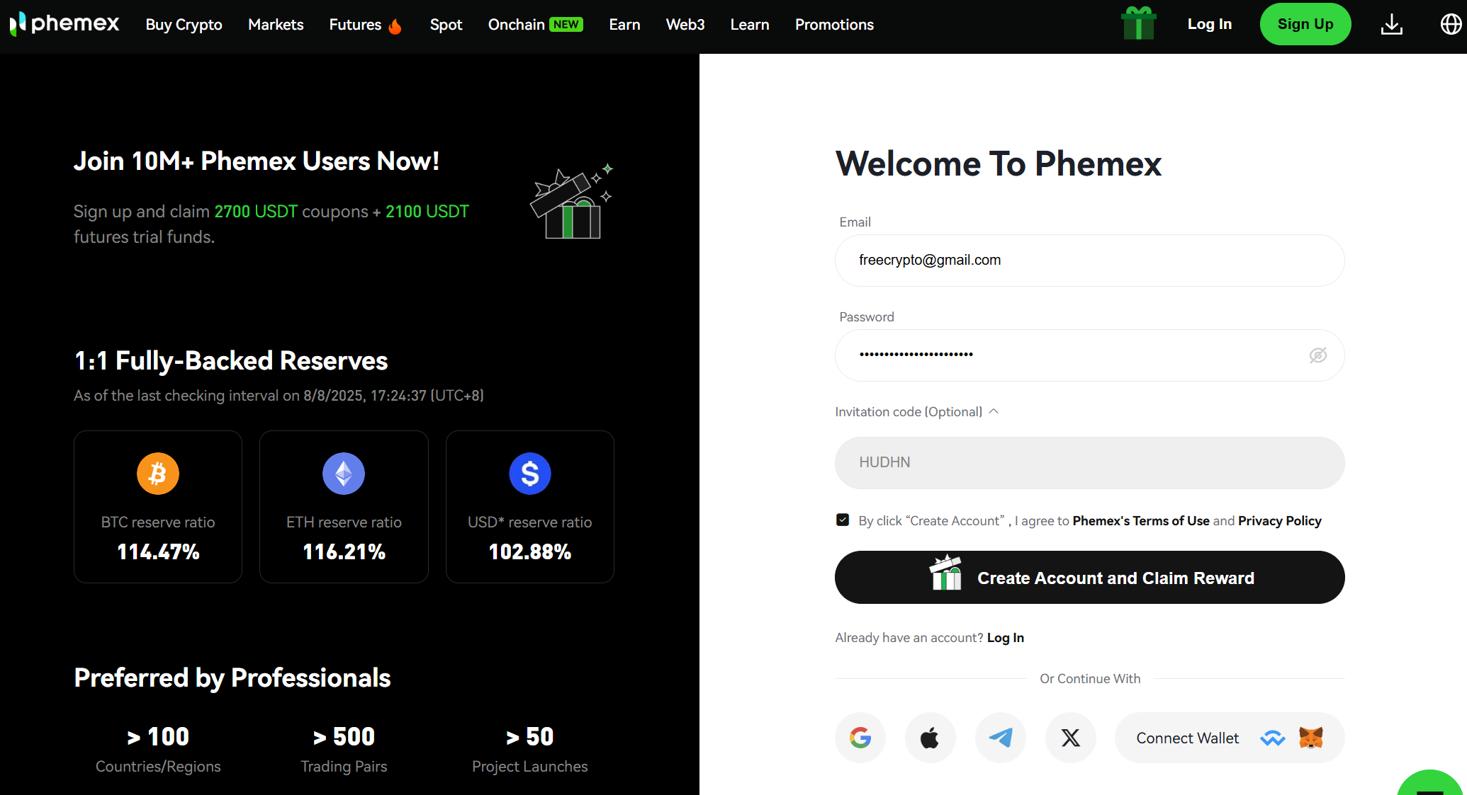 Codice invito Phemex inserito