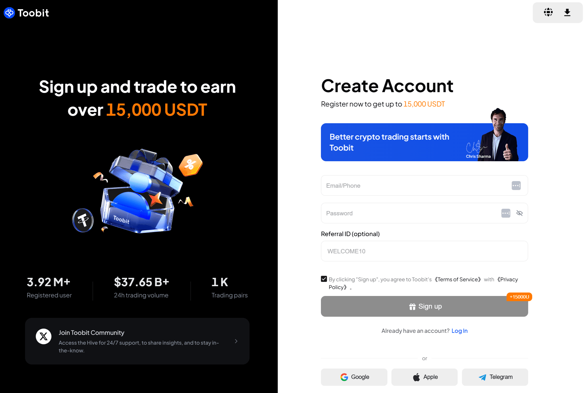Registrazione Toobit con campo inserimento ID referral
